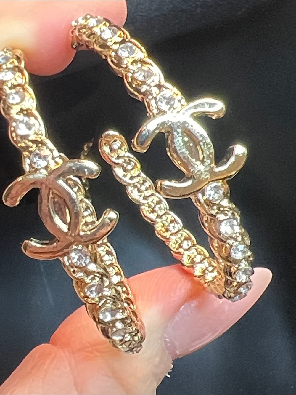Gold Crystal Hoop Earrings with Interlocking C Motif - Picture 5 of 7